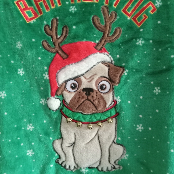 Pug Dog Ugly Christmas Sweater with Bells Green, Red & White - Picture 2 of 7